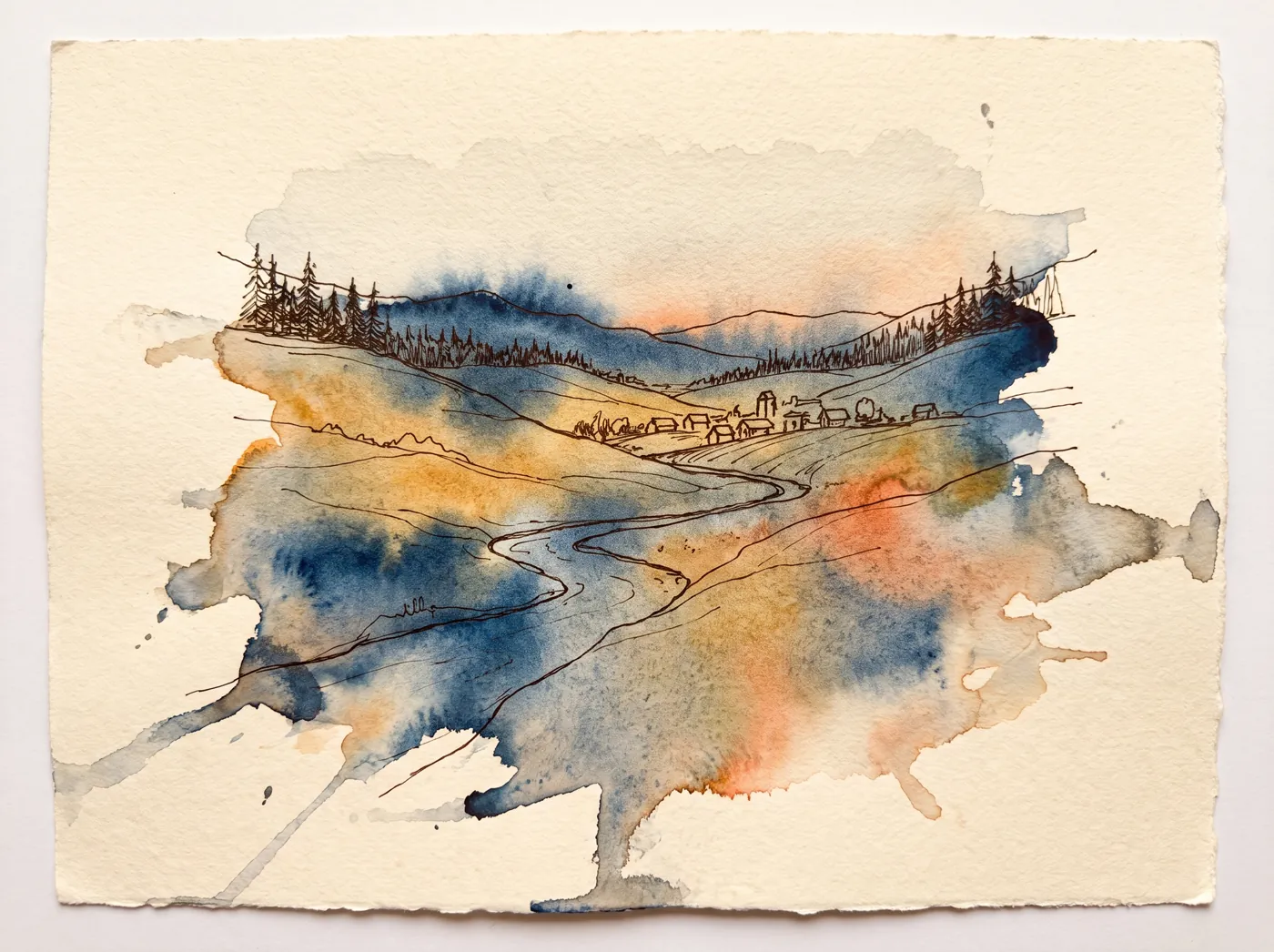 The world of Kavan at its making: a river running blue, hills of gold, and a town glowing like embers at dusk.