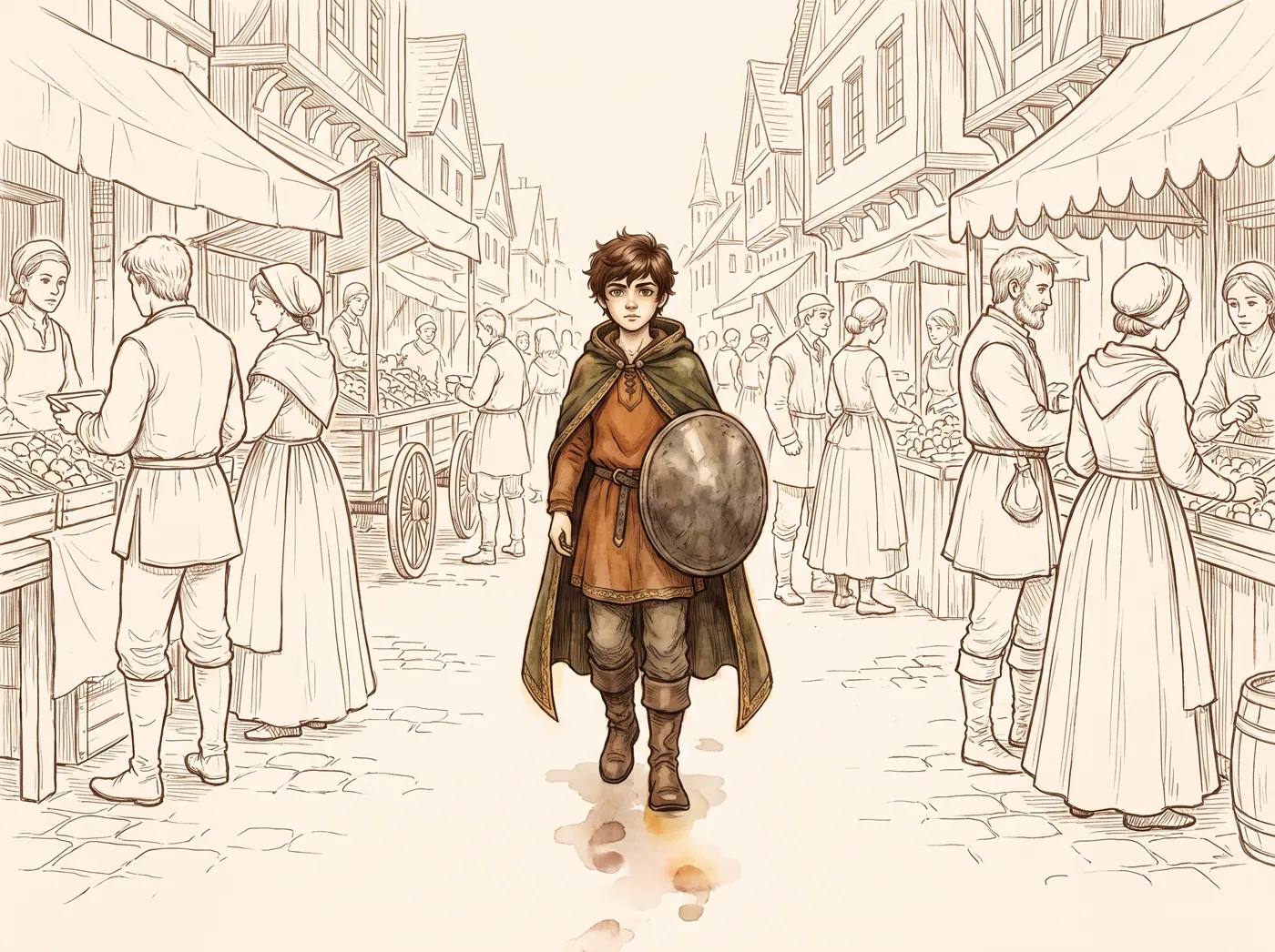 Lior walking through a faded market town in his gold-threaded cloak, carrying a dull grey shield — he is the only colour in a world drawn in bare line, and faint colour blooms in the footprints behind him while the townsfolk look straight past him.