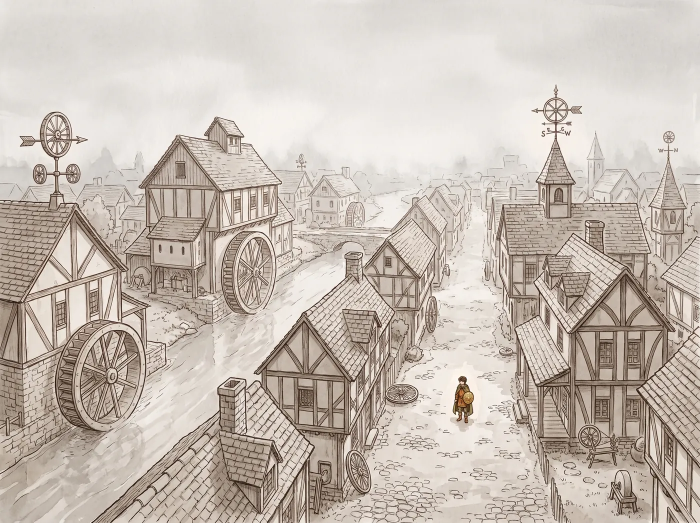 The grey town of Hevel under a fog sky, every house turning a wheel, with Lior tiny on the main street — one warm spot of colour against the whole colourless valley.