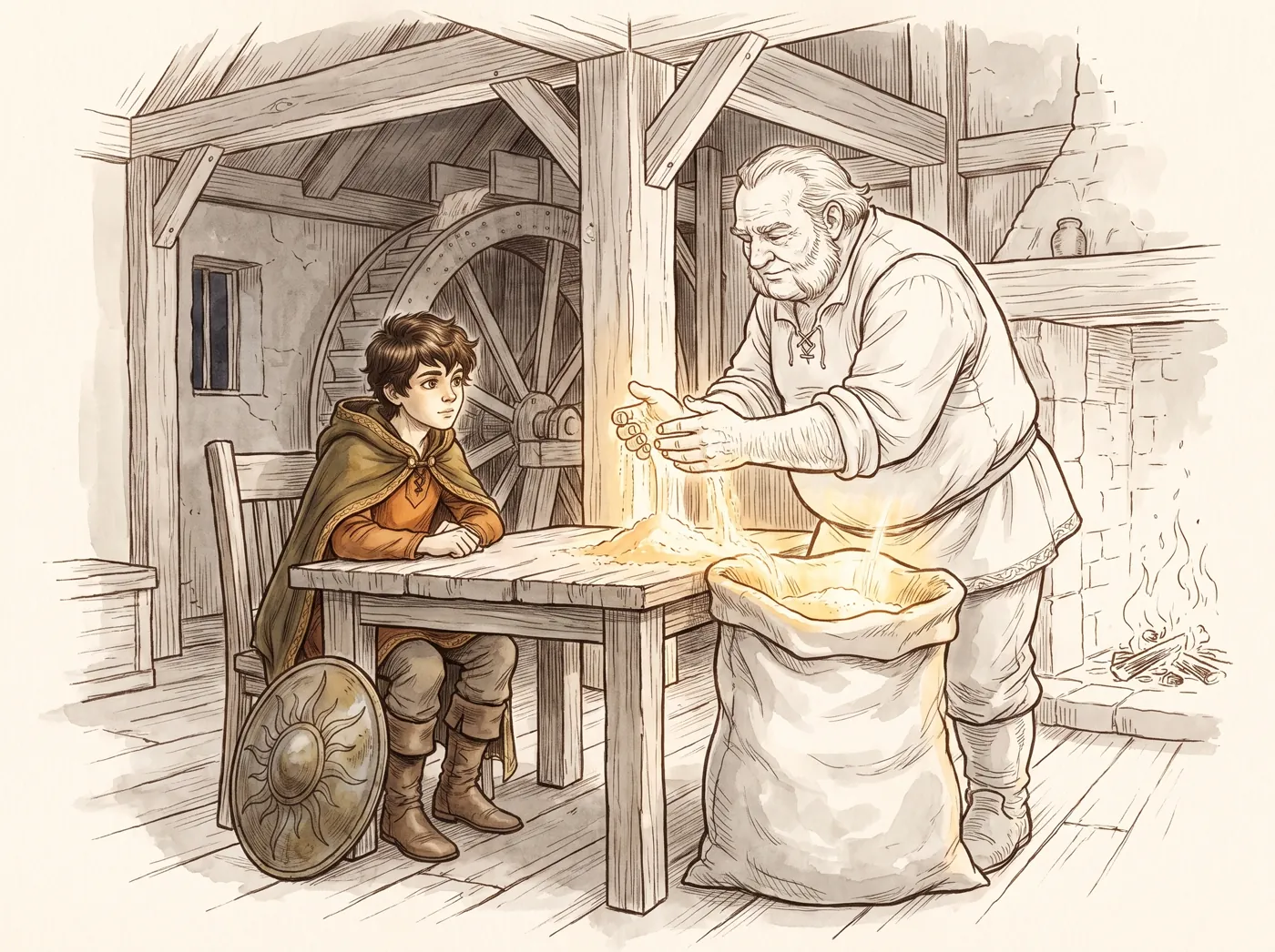The old millhouse at night: flour running gold through the miller's fingers and glowing in the open sack, while Amos himself and the whole room are still drawn in grey.