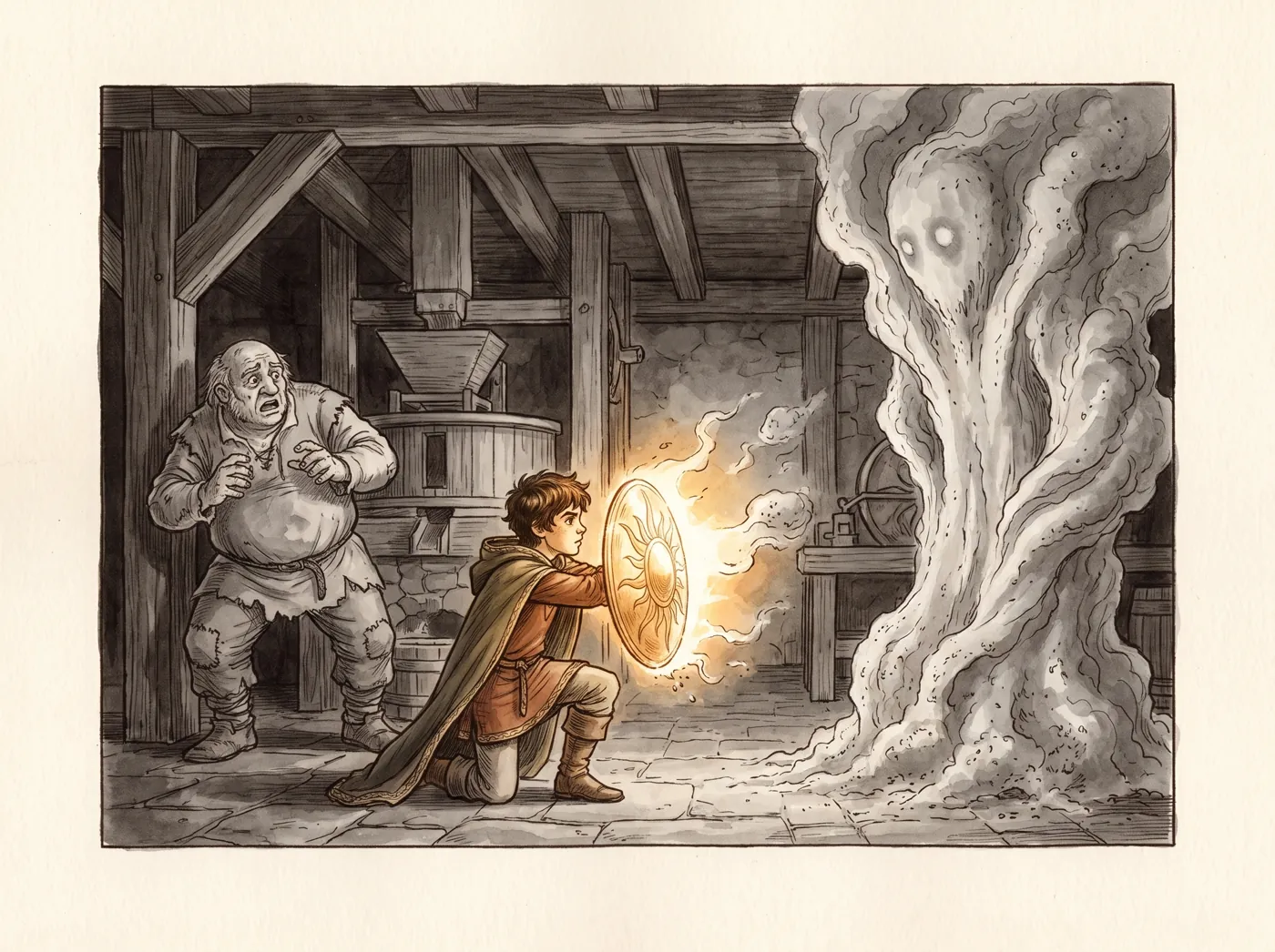 Lior on one knee between the miller and a towering faceless column of grey ash-fire, his bronze shield blazing for the first time, its rising-sun engraving alight.