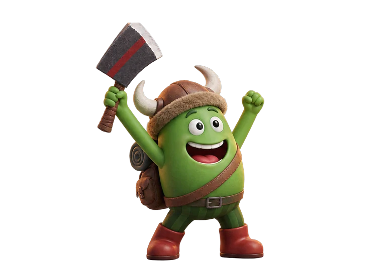Gus, cheering with his axe