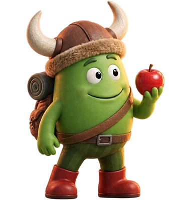 Gus holding up a red apple