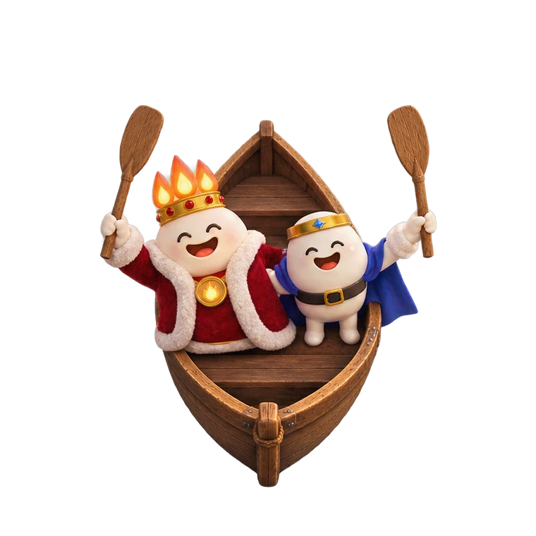 King Fred and Prince Fred in their rowing boat, oars raised