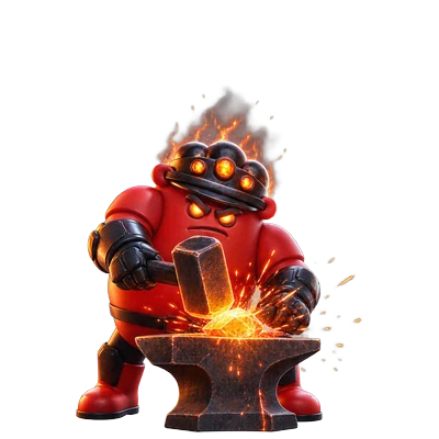 King Firebolt striking a glowing crystal on his anvil