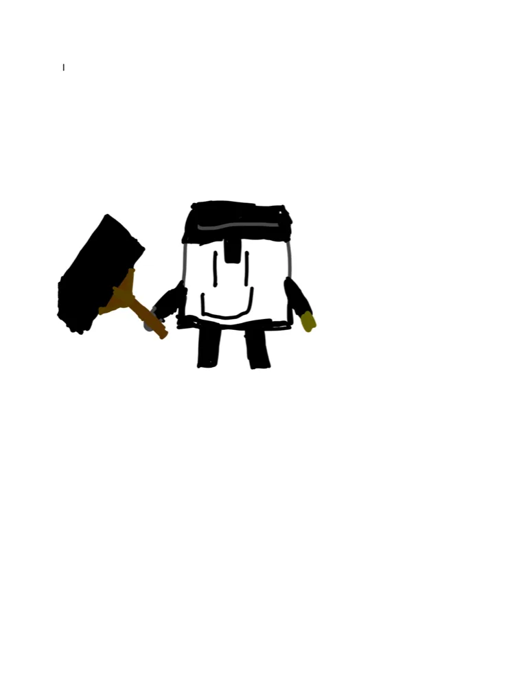 A child's drawing of Mr. Doom holding a hammer