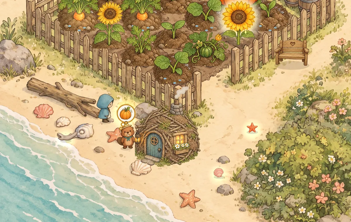 Driftwood Isle: a fenced cottage garden of carrots, sunflowers and pumpkins above a sandy beach, where a small beaver in a straw hat stands beside his finished stick lodge, hoping for a pumpkin