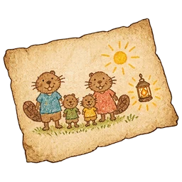 A drawing of a beaver family and a little lantern